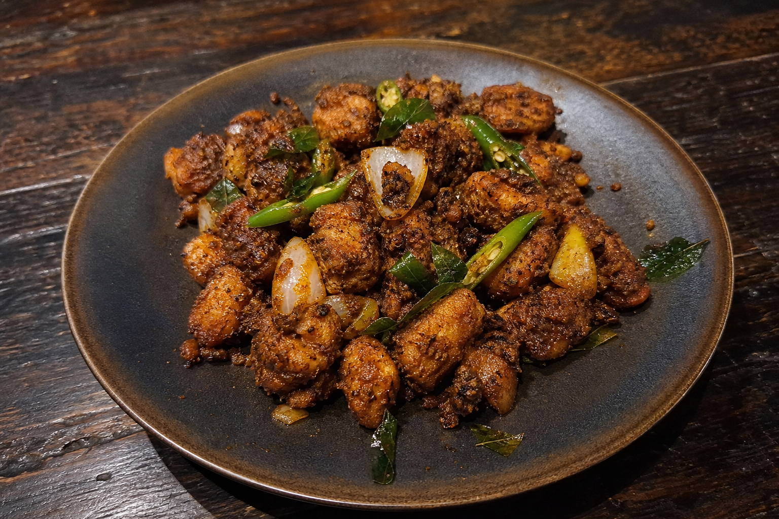 Dry Andhra chicken fry with curry leaves, onion and green chilli