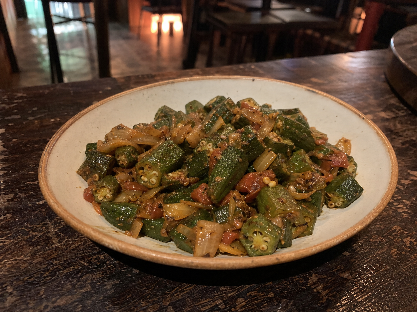 Bhindi masala with sliced okra, onion and spices