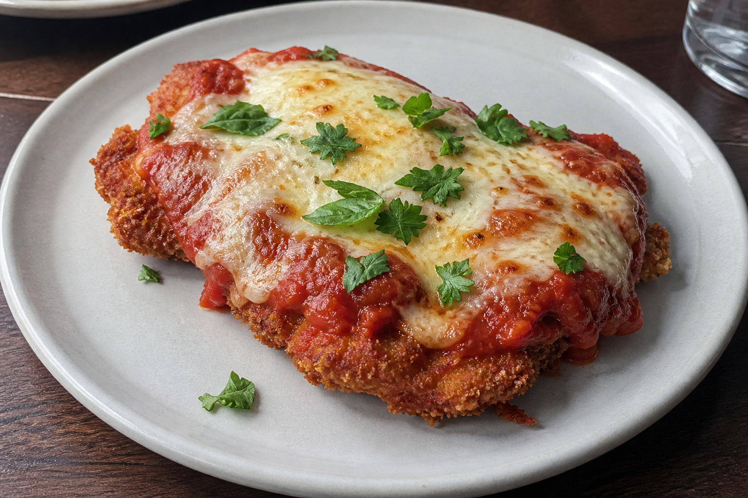 Breaded chicken parmigiana with tomato sauce, melted cheese and herbs