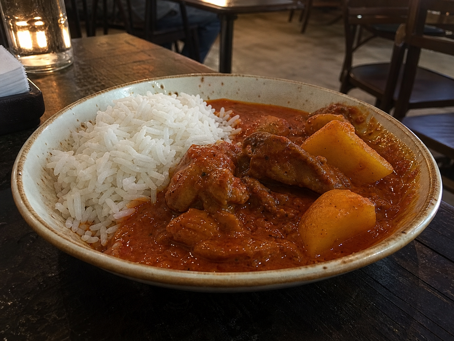 Chicken vindaloo with potatoes in tangy spiced sauce