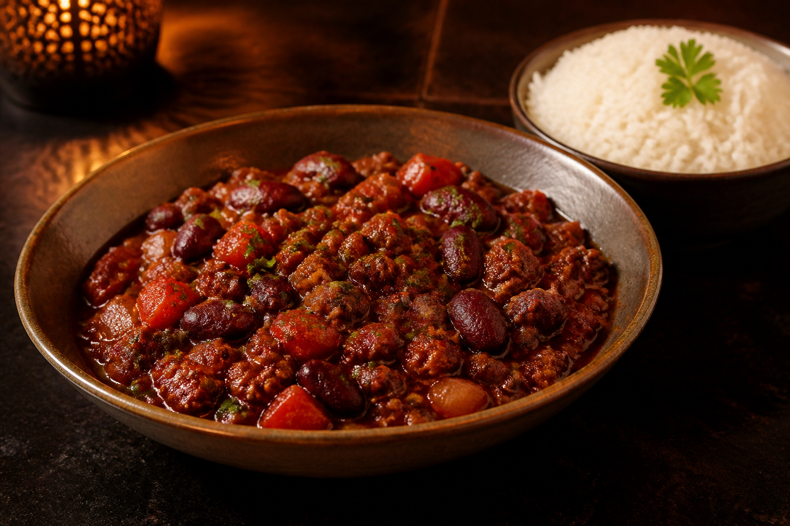 Chili con carne with kidney beans and steamed rice