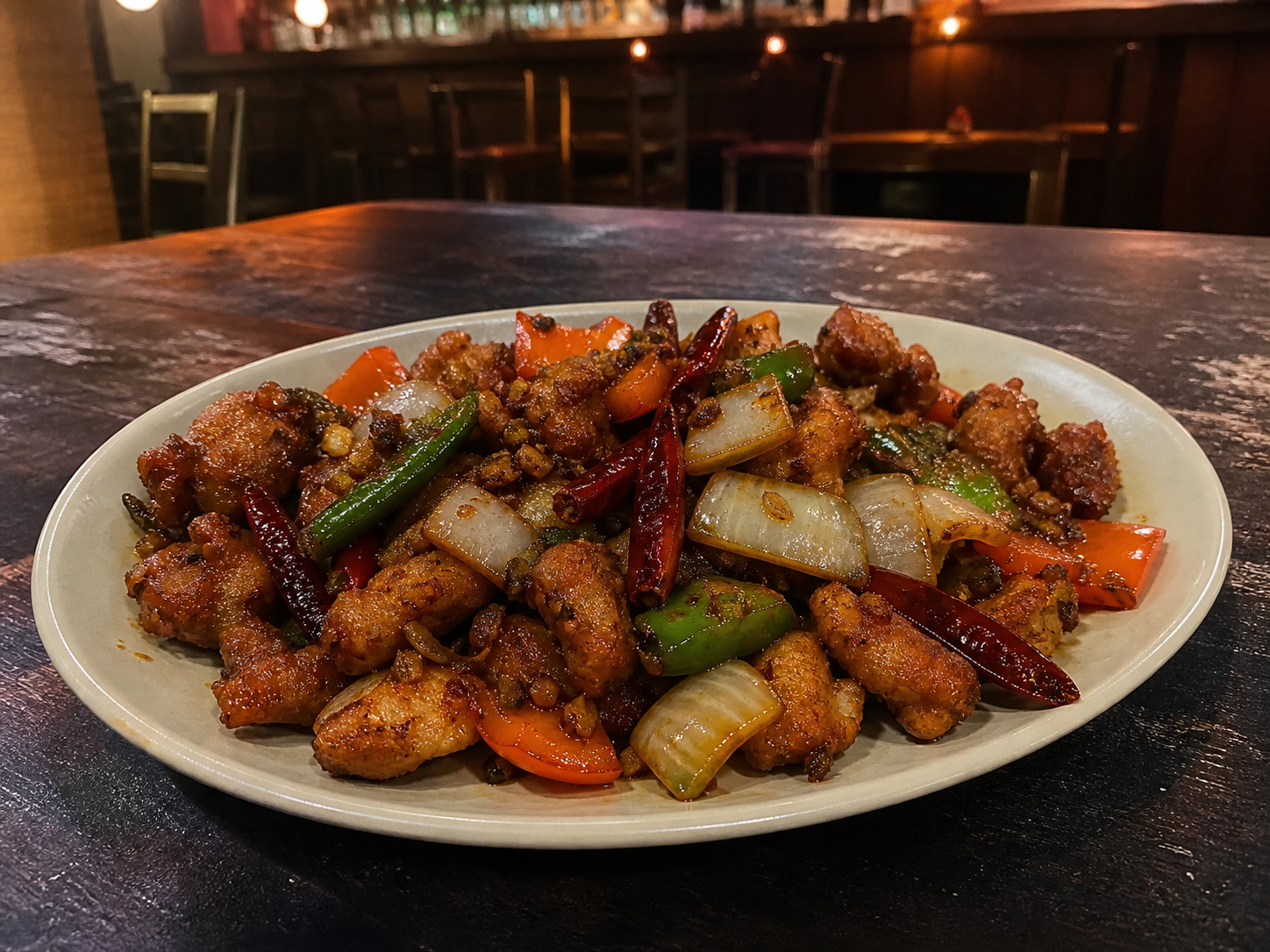Dry chilli chicken with bell pepper, onion and dried chillies