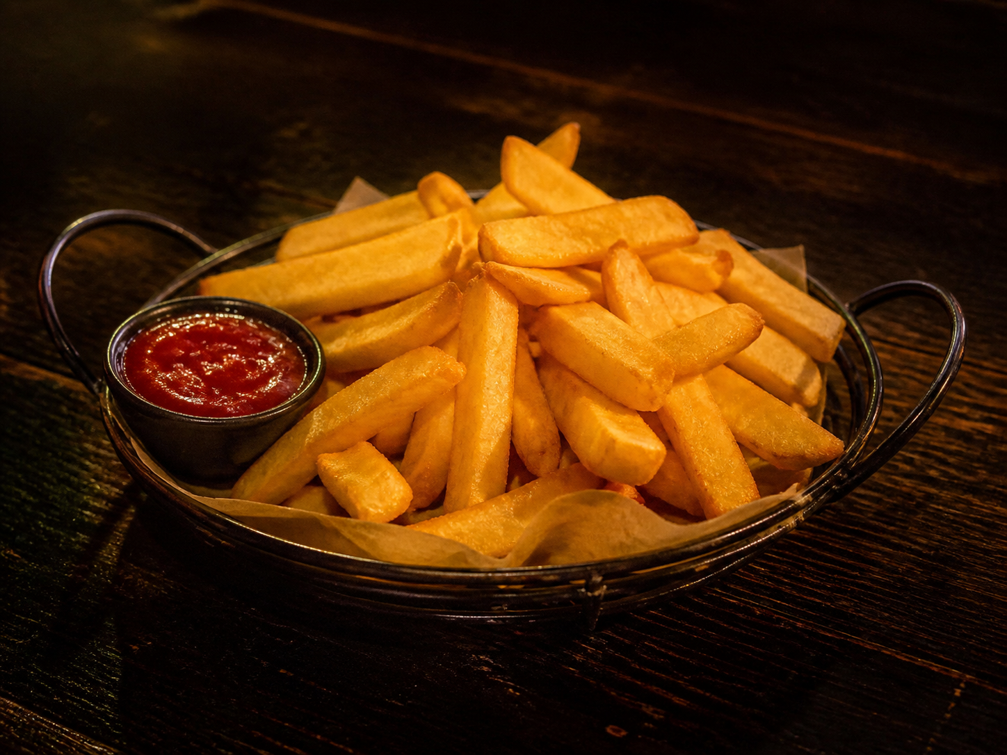 Thick-cut French fries with ketchup