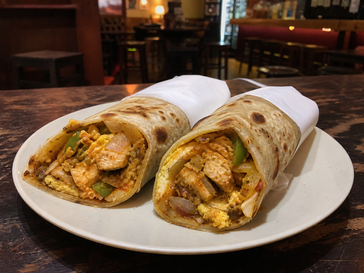 Indian kathi rolls with egg, chicken, onion and capsicum