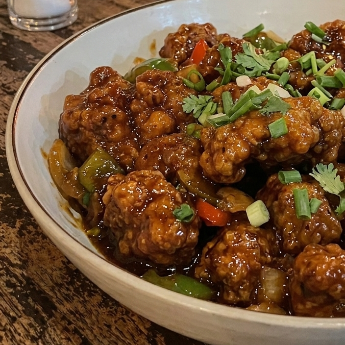 Bowl of glazed Manchurian with peppers, spring onion and coriander