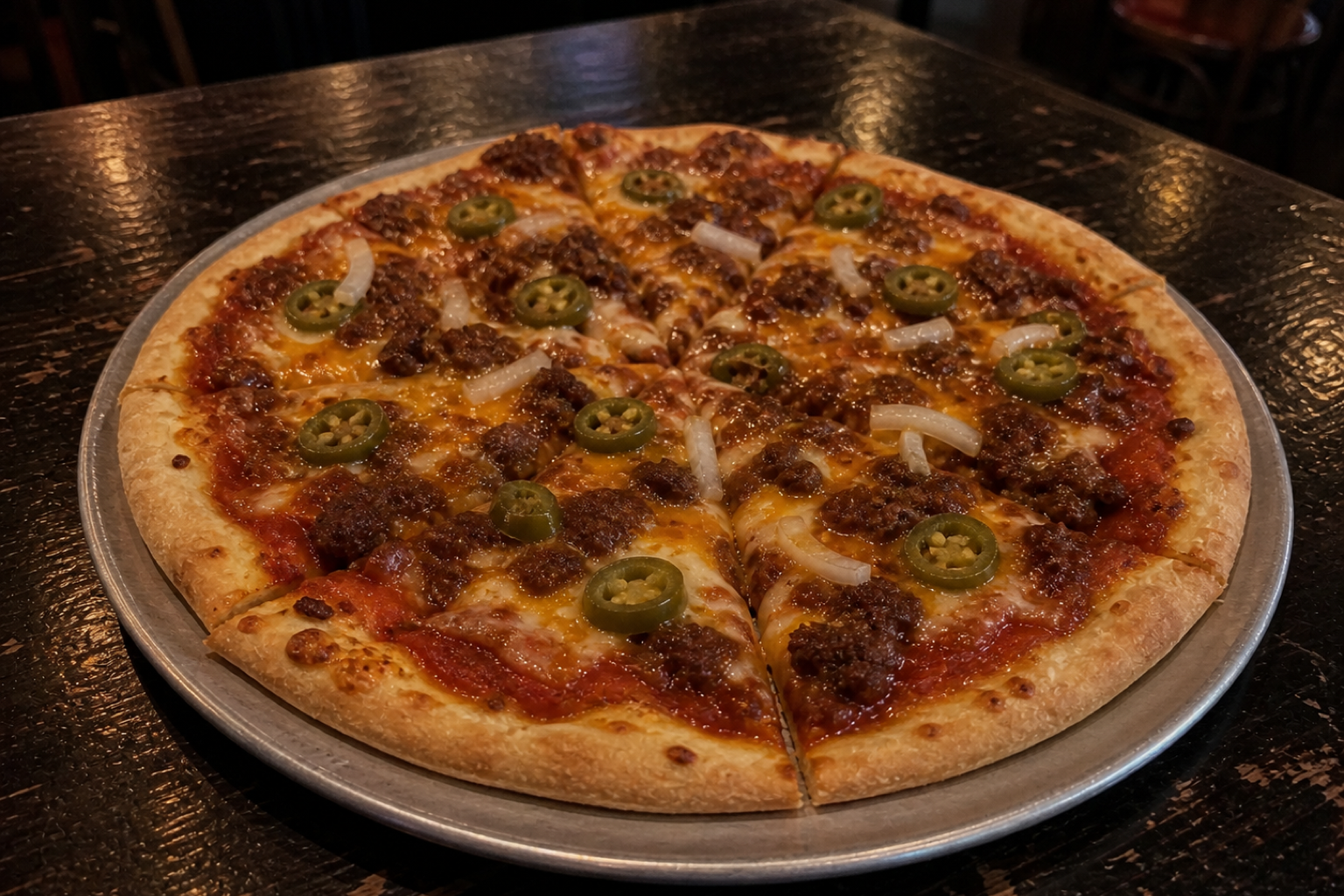 Hand-tossed Mexican pizza with chilli con carne, jalapenos and cheddar