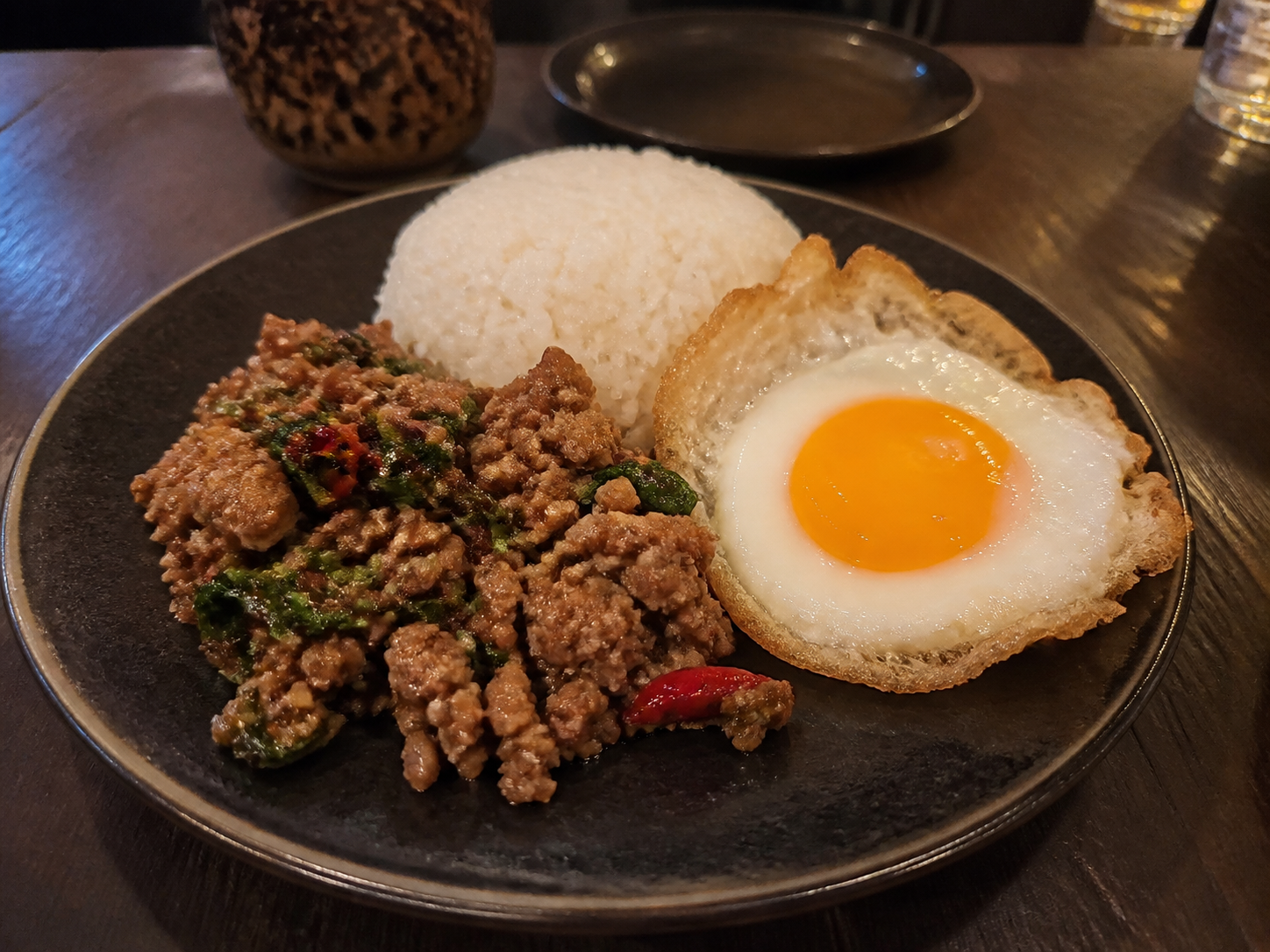 Pad Krapao with minced beef, holy basil, jasmine rice and fried egg