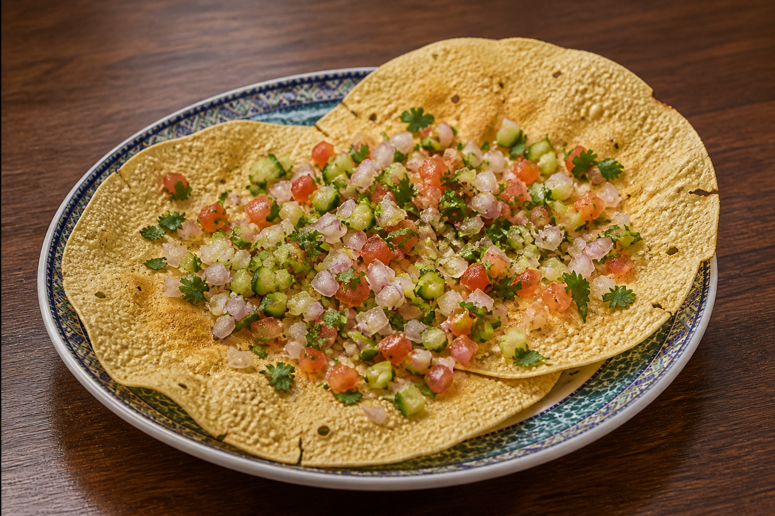 Masala papadams topped with chopped tomato, onion, cucumber and coriander