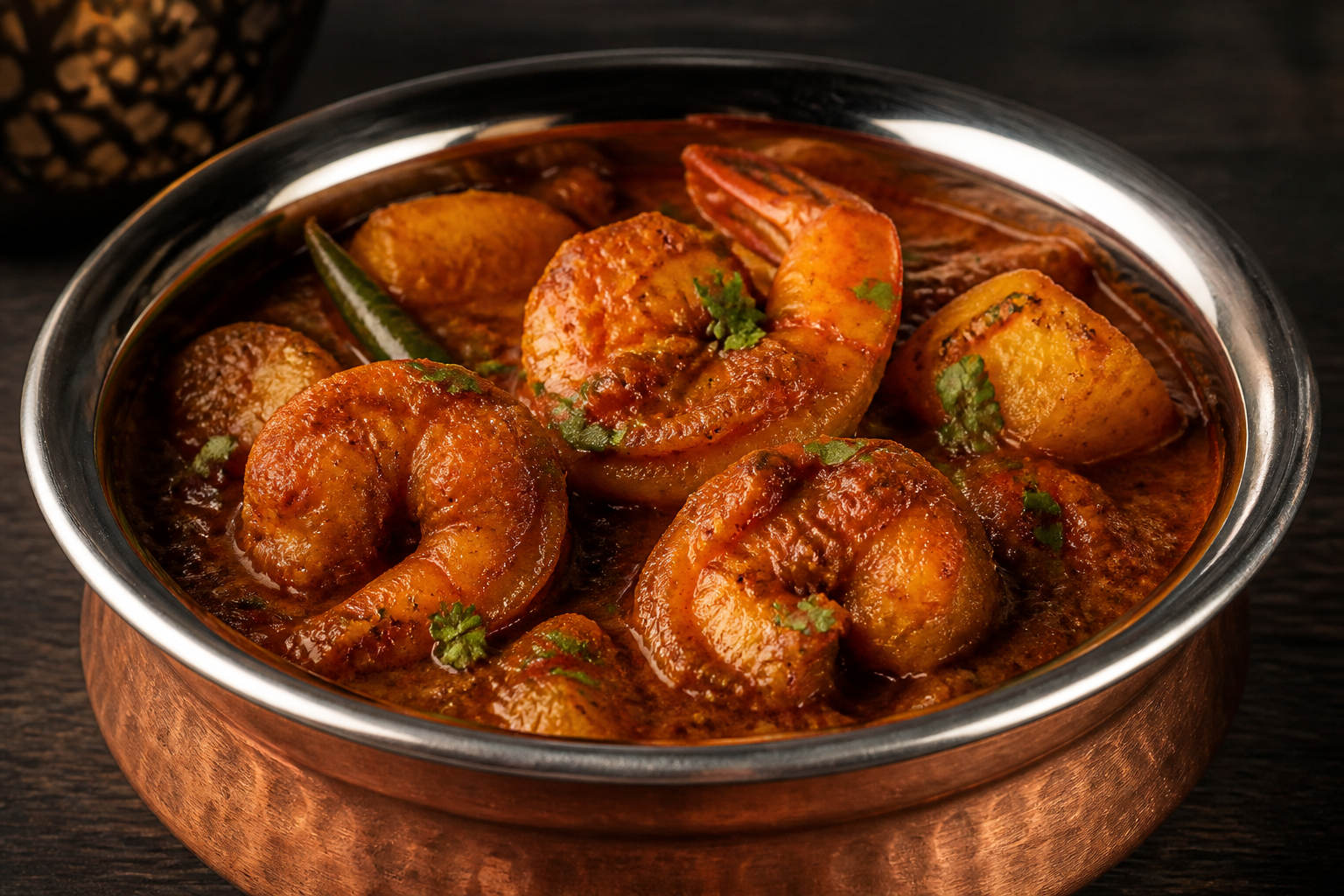 Prawn vindaloo with cooked prawns and potatoes in tangy red-brown sauce