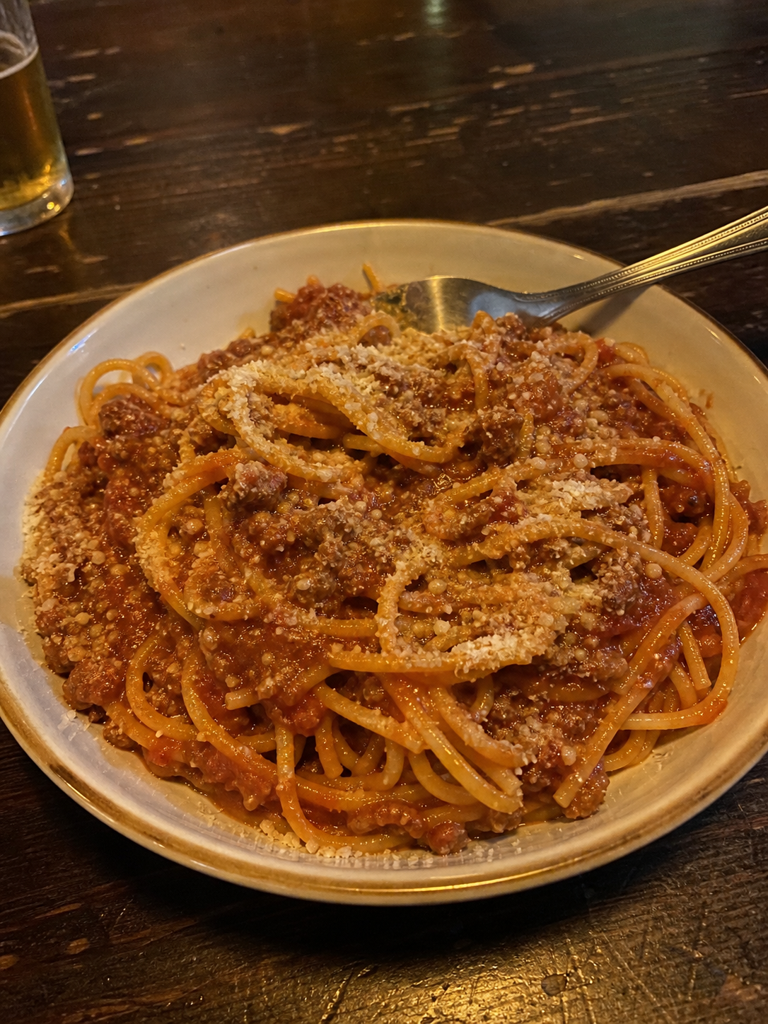 Spaghetti Bolognese with minced beef tomato sauce and parmesan