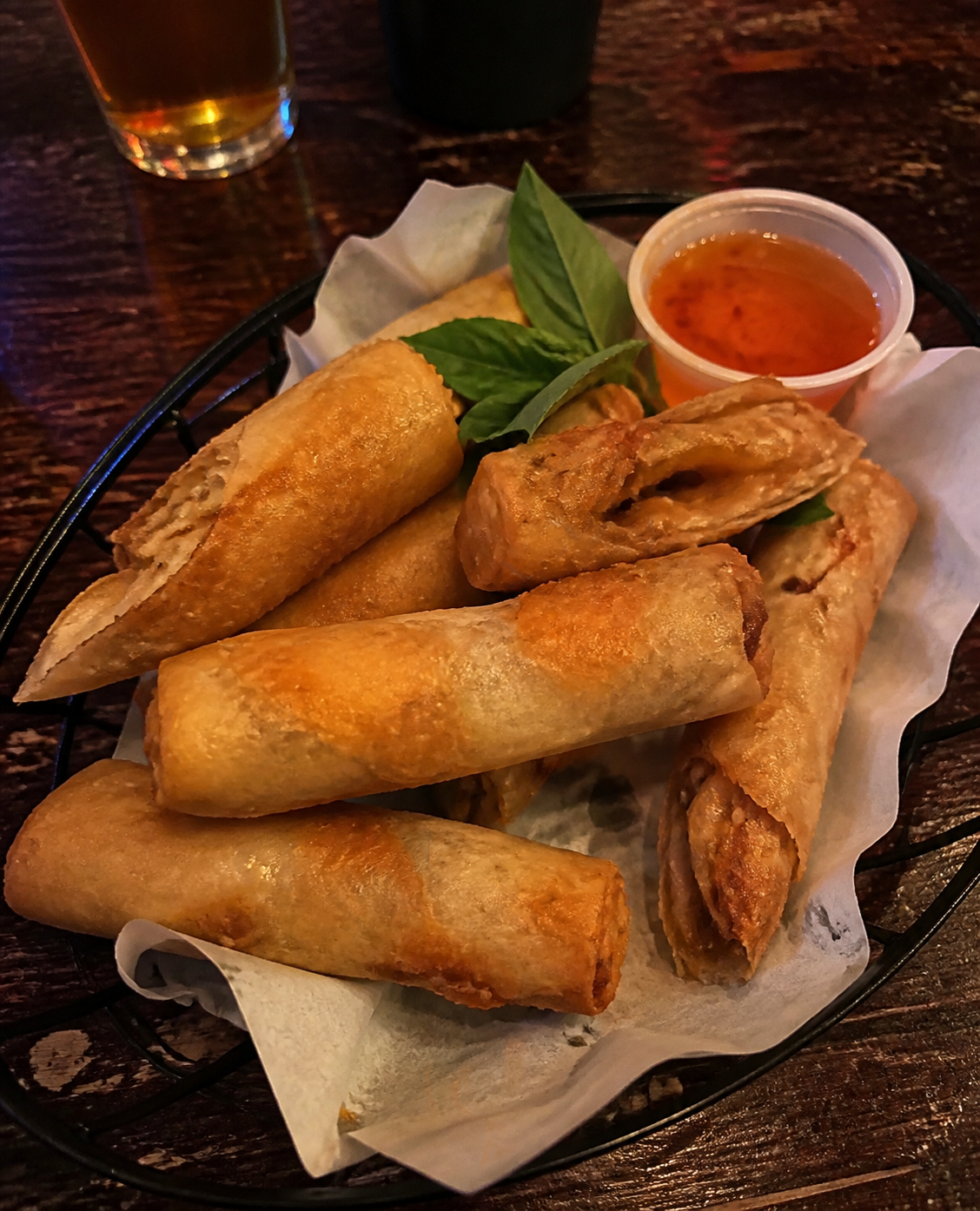 Crispy spring rolls with sweet chilli dipping sauce