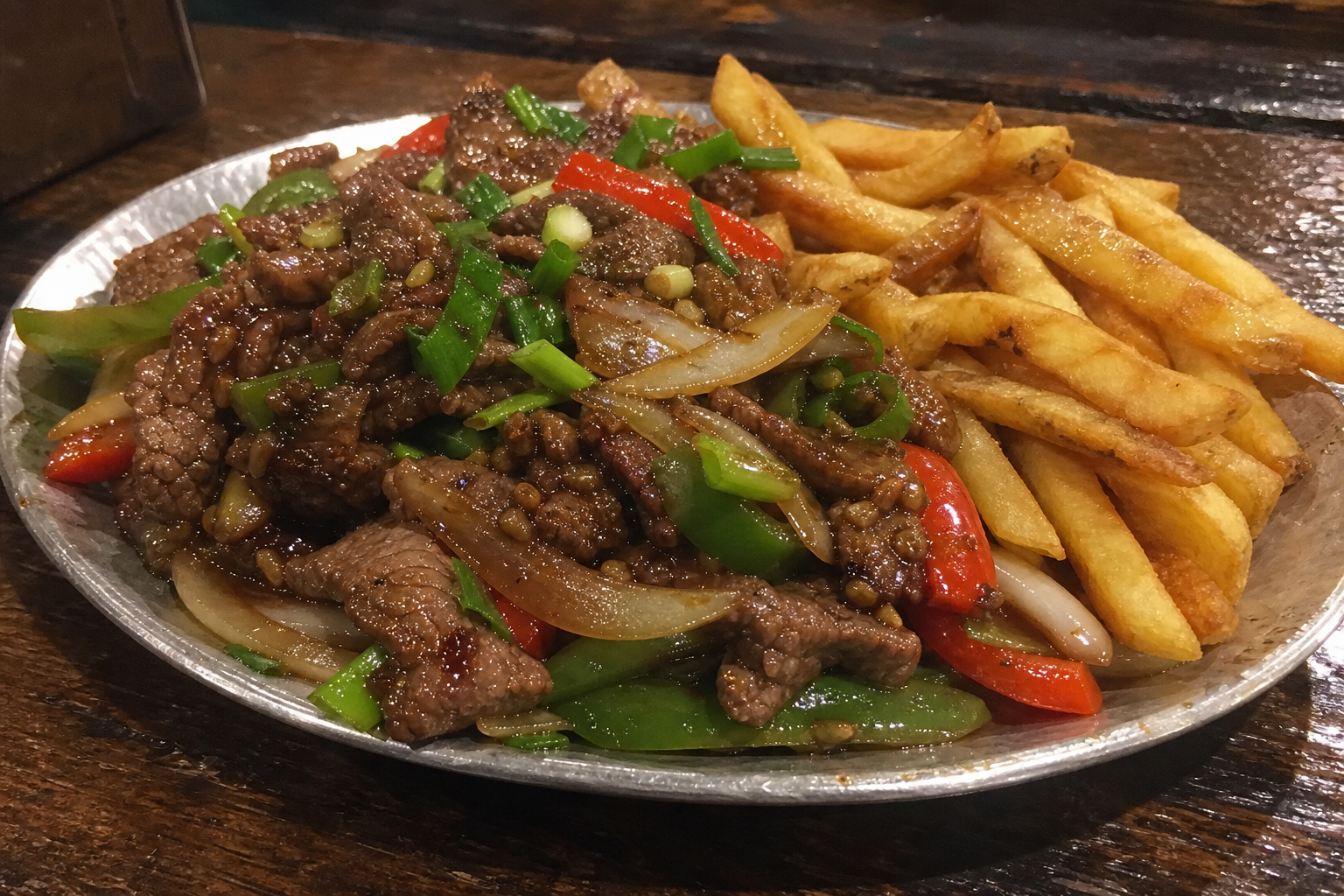 Stir-fried beef with onions, peppers and fries