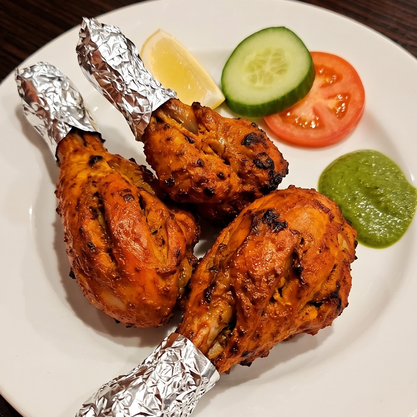 Tandoori chicken drumsticks with cucumber, tomato, lemon and green chutney