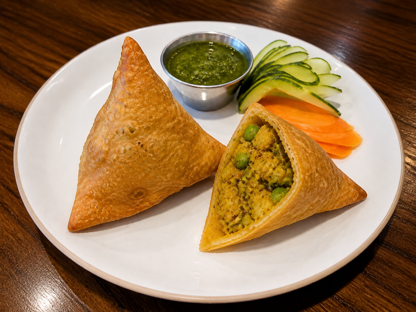 Two vegetable samosas with green chutney