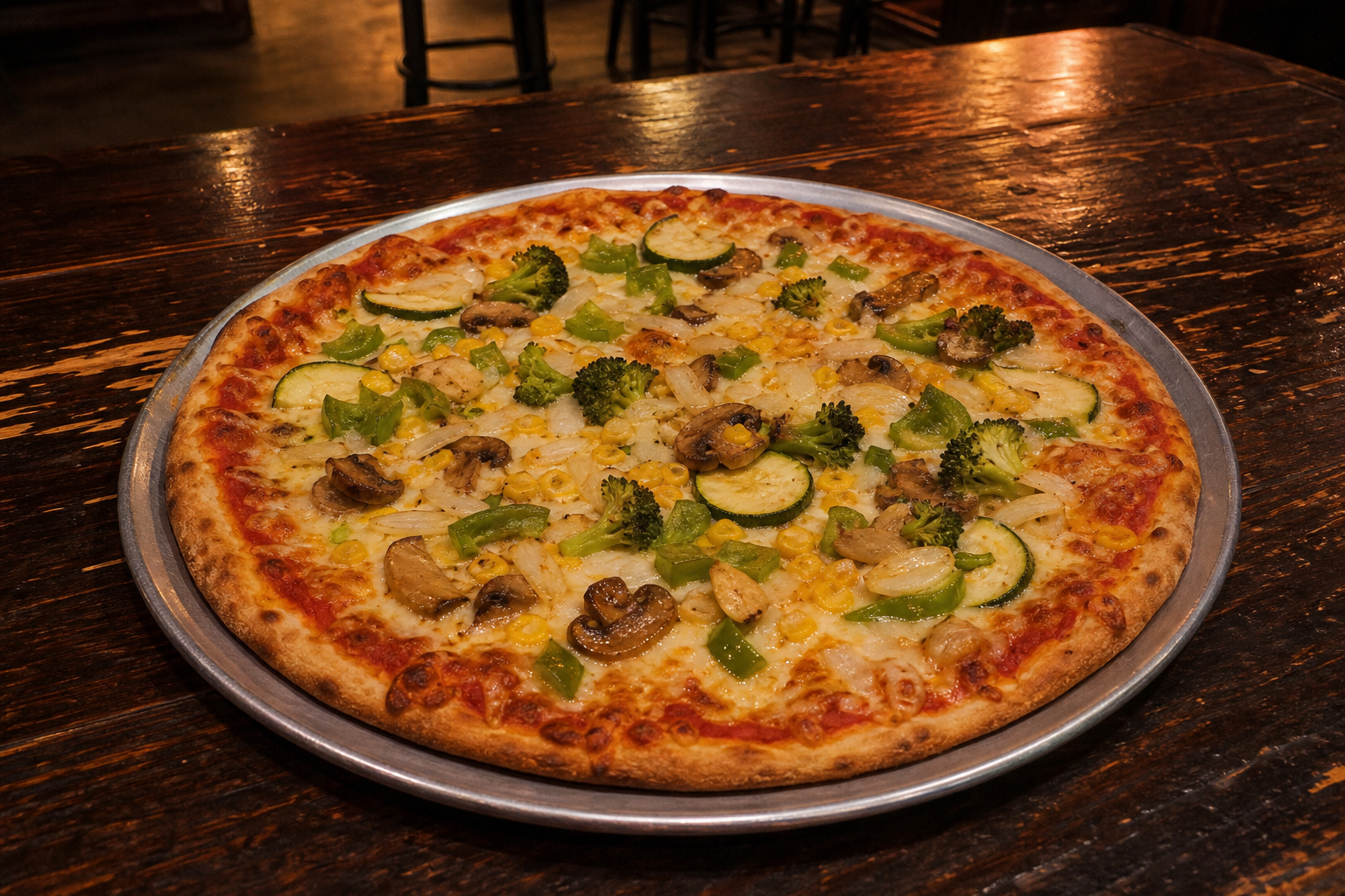 Hand-tossed veggie pizza with broccoli, peppers, corn and mushrooms